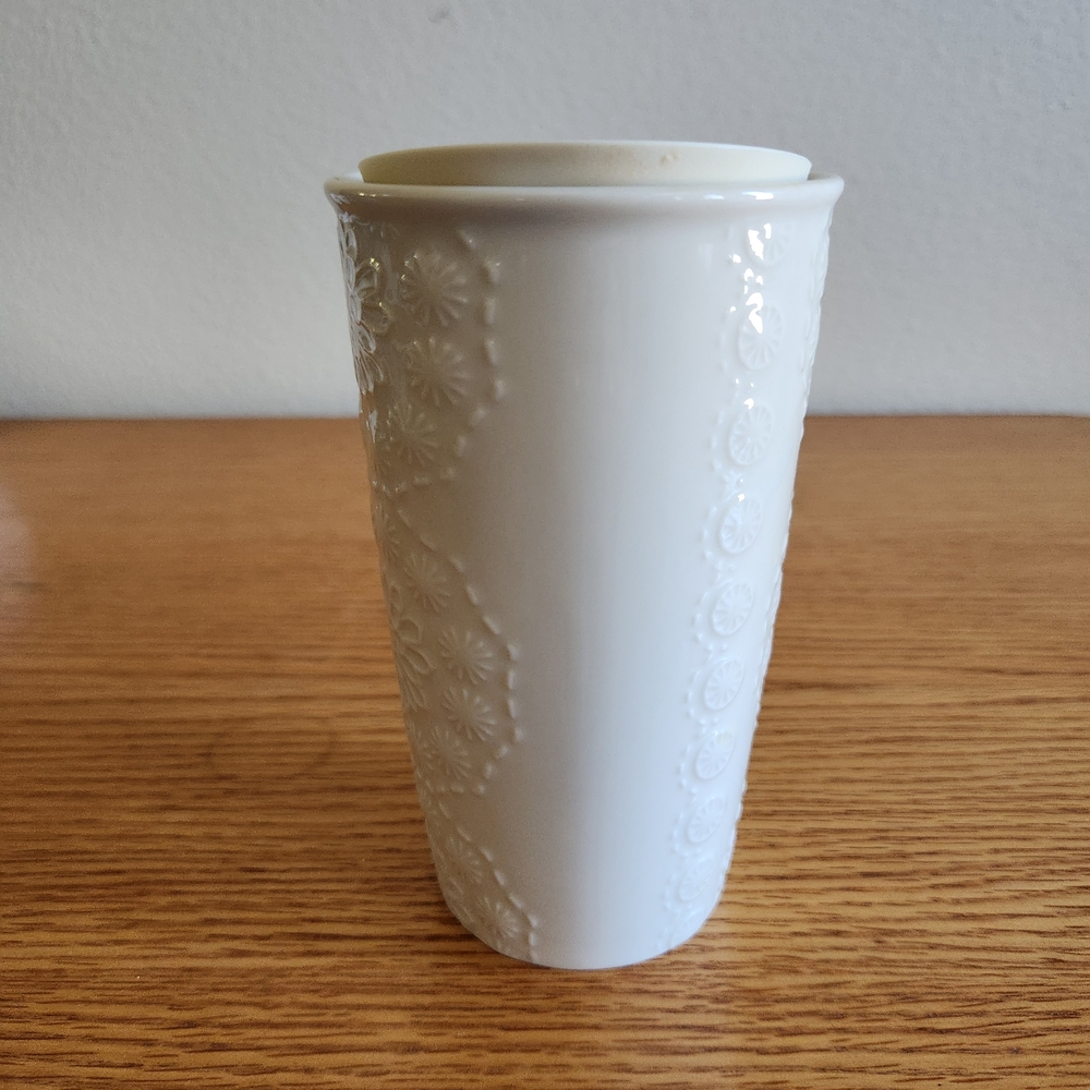 Starbucks White Embossed Ceramic Tumbler w/Lid - Picture 3 of 8